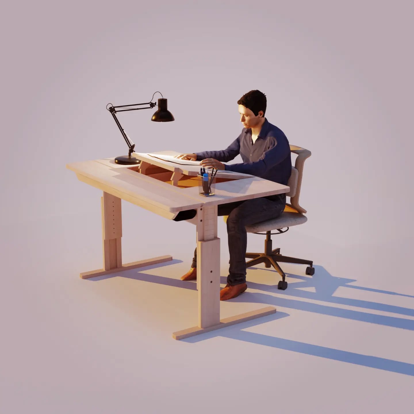 3D-Produktvisualisierung: höhenverstellbarer Schreibtisch mit Arbeitsplatzszene.