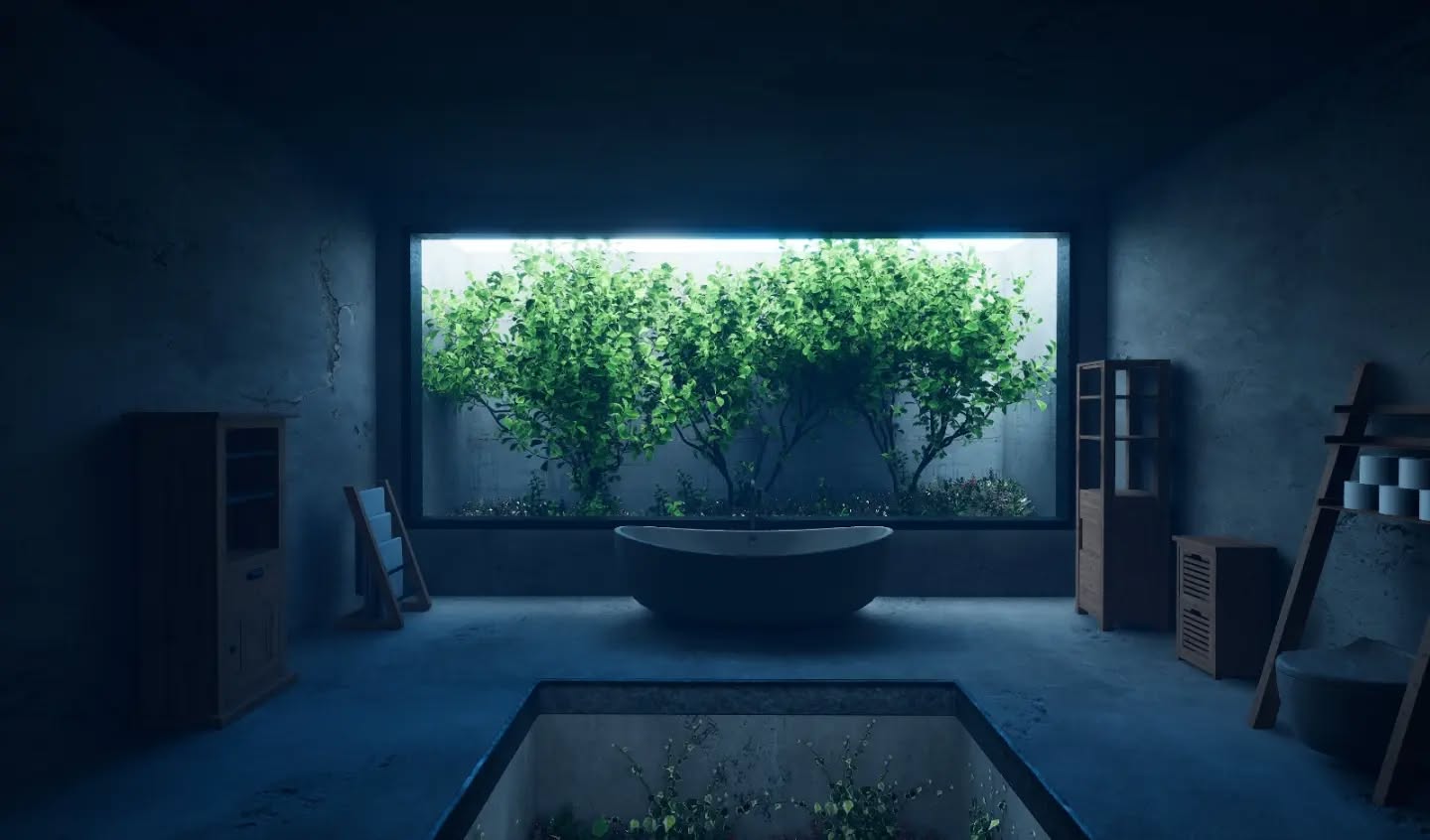 3D-Interieur: Wohnraum mit bepflanztem Innenhof und Wasserbecken bei Abendlicht.