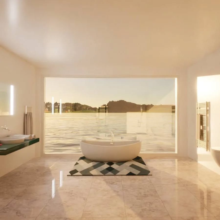 3D-Interieur: heller Wohnraum mit freistehender Wanne und Blick ins Grüne.