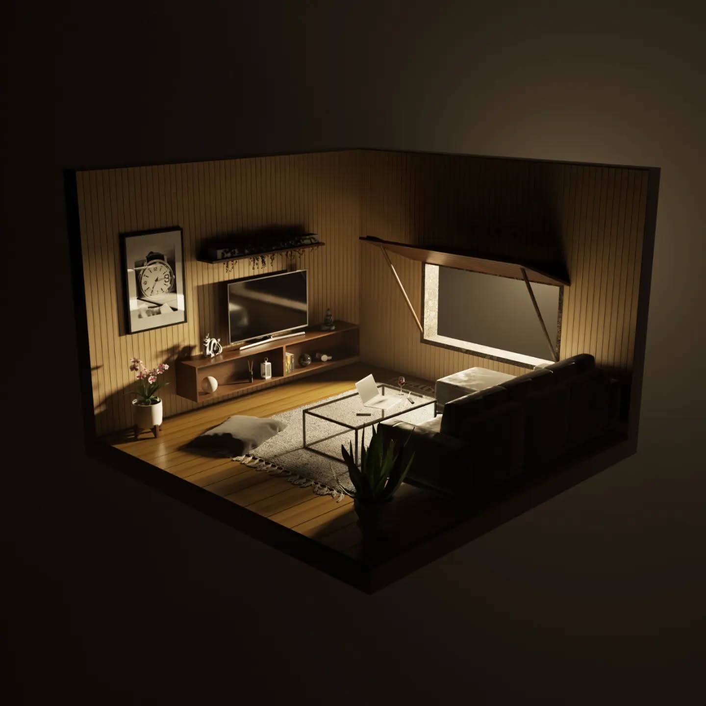 3D-Interieur: Wohnraum als offener Schnitt, Abendlicht und Wandbeleuchtung.