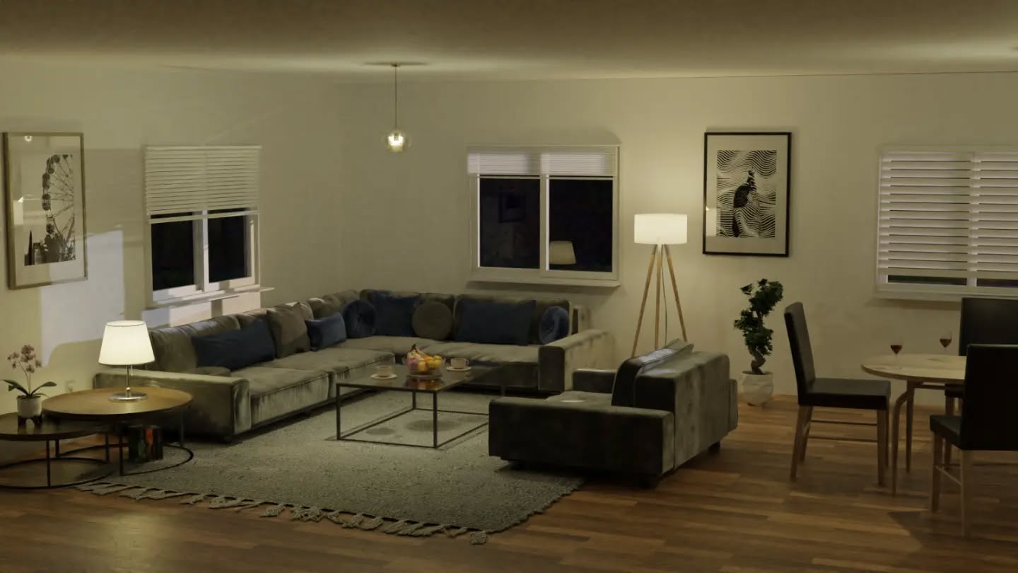 3D-Interieur: Wohnzimmer mit Tageslicht, Sofalandschaft und Essbereich.