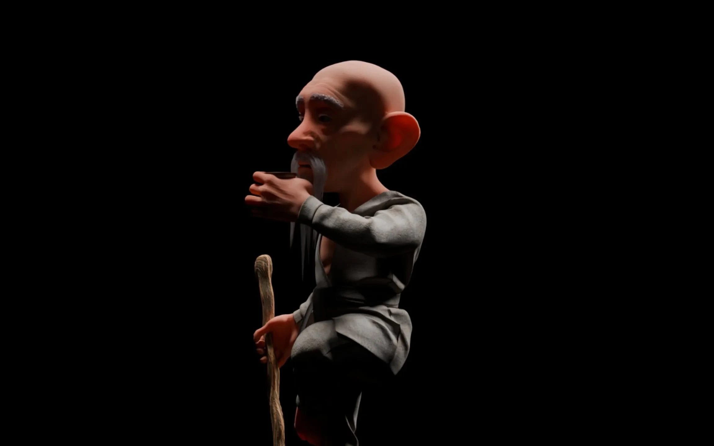 Stilisierter 3D-Charakter mit Wanderstab, in ZBrush geschnitzt und in Cycles gerendert
