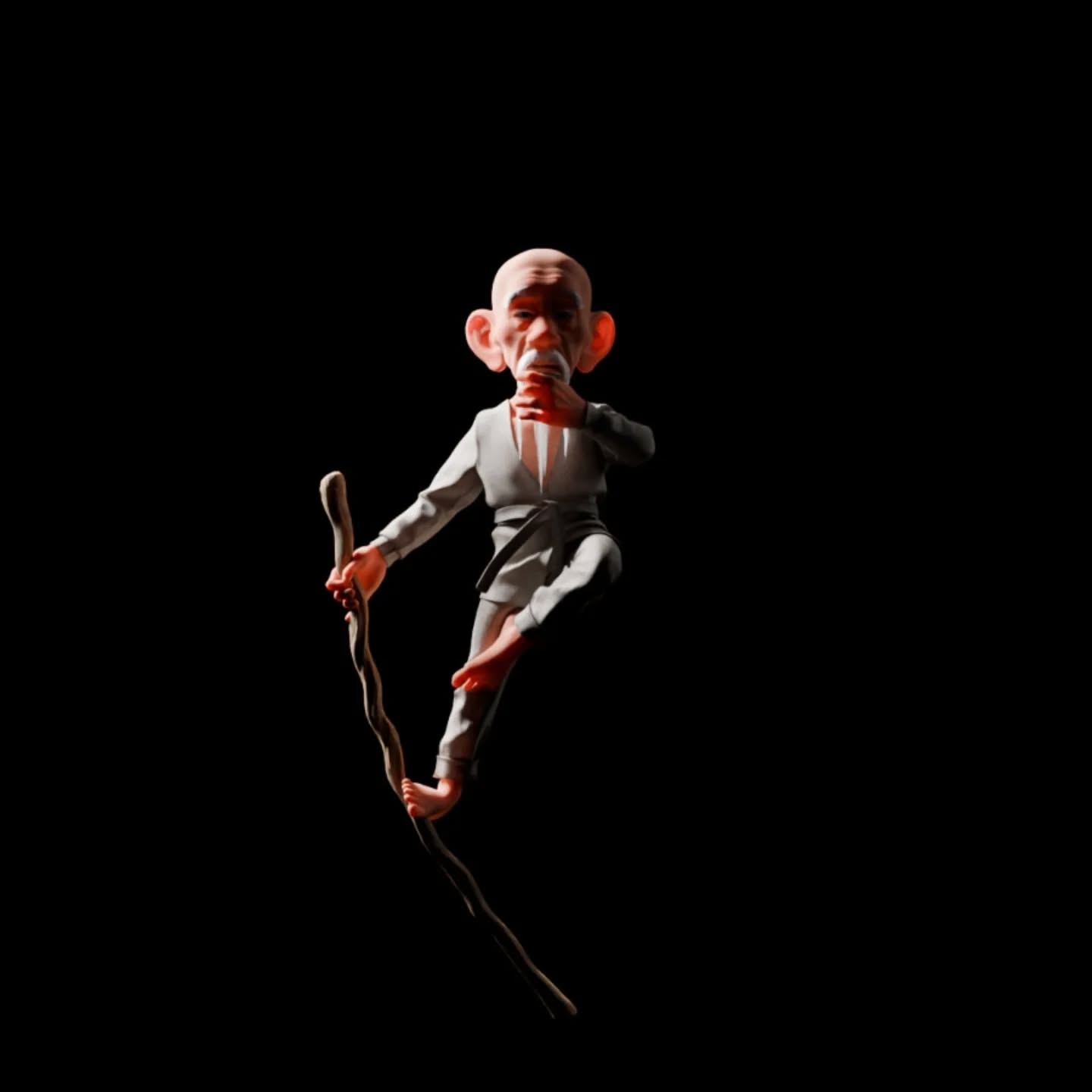 Monk: 3D-Charakter als Ganzfigur im Sprung, mit Wanderstab.