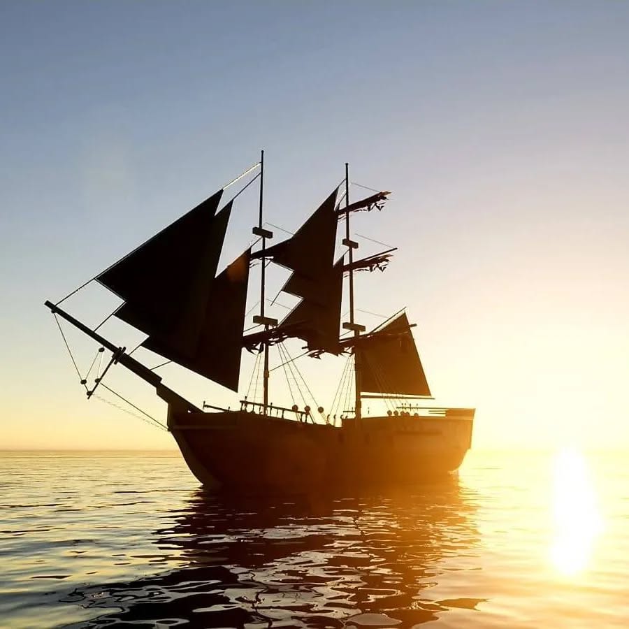 3D-Stillleben: Segelschiff mit dunklen Segeln im Sonnenuntergang.
